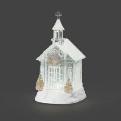 LED Swirl White Church with Tree & Wreath